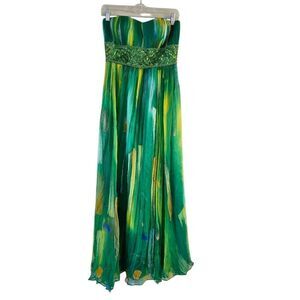 CAMILLE LA VIE Women's Maxi Dress 100% Silk Green Strapless Sz 4 Glam Fairycore